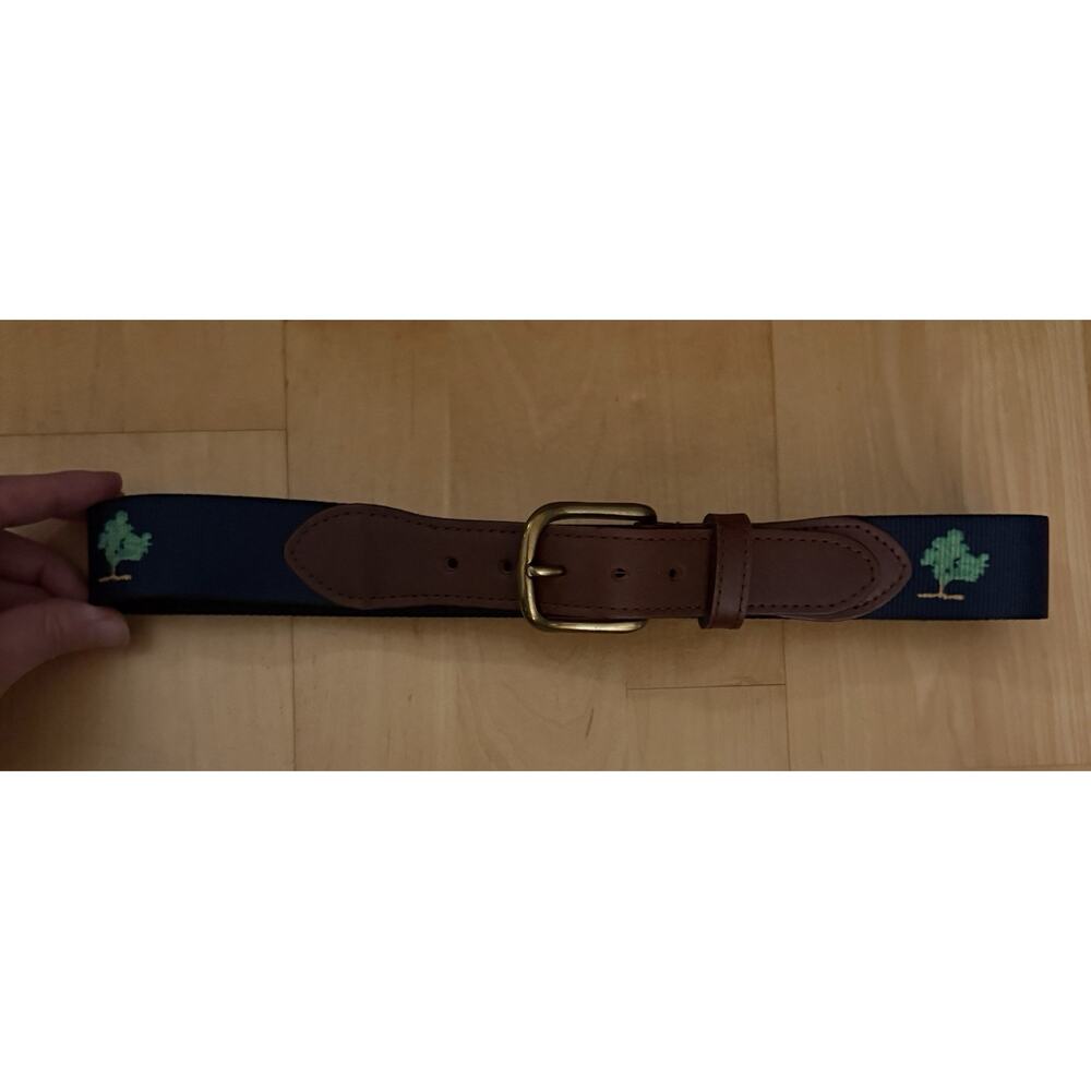 Thomas Bates Brown Leather Tab Twill Surcingle Blue Trees Belt 28
